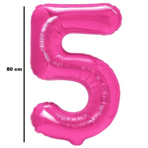Cifre - Balon din Folie Metalizata Flippy, Figurina Cifra, Tema Aniversare 80 cm, Ambalaj Individual, Pai inclus, Umflare cu Aer sau Heliu, Roz, Cifra 5