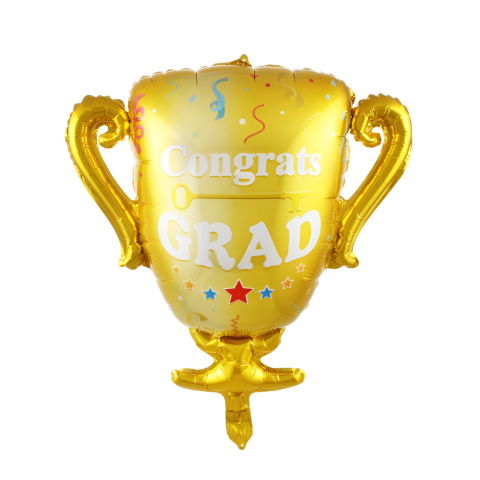 Baloane si Accesorii Absolvire - Balon din Folie Metalizata, Flippy, Figurina Cupa, Tema Absolvire, 65x72cm, Ambalaj Individual, Pai Inclus, Umflare cu Aer sau Heliu, Galben