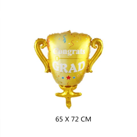 Baloane si Accesorii Absolvire - Balon din Folie Metalizata, Flippy, Figurina Cupa, Tema Absolvire, 65x72cm, Ambalaj Individual, Pai Inclus, Umflare cu Aer sau Heliu, Galben