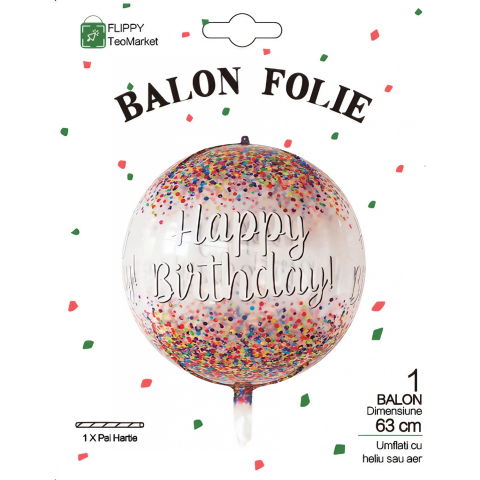 Figurine si Baloane 3D - Balon din Folie Metalizata, Flippy, Figurina Rotunda 4D, Model Happy Birthday, Tema Aniversare, 24 x 63 cm, Ambalaj Individual, Pai inclus, Umflare cu Aer sau Heliu, Maro