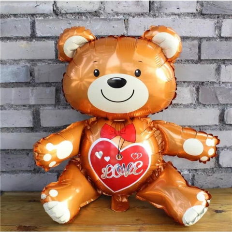 Figurine si Baloane 3D - Balon din Folie Metalizata, Flippy, Figurina Urs, Model Love, Tema Ziua Indragostitilor, 60x63cm, Ambalaj Individual, Pai Inclus, Umflare cu Aer sau Heliu, Maro