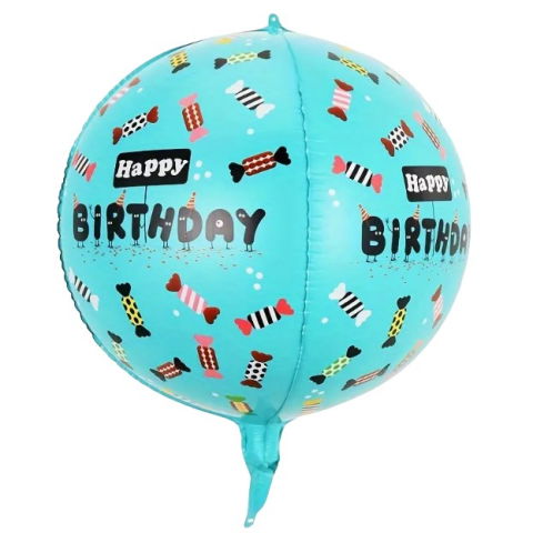Figurine si Baloane 3D - Balon din Folie Metalizata, Flippy, Figurine 4D, Model Happy Birthday, Tematica Aniversara Bombonele, 63x24 cm, Ambalaj Individual, Pai Inclus, Umflare cu Aer sau Heliu, Blue
