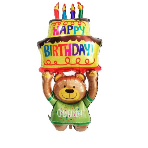 Figurine si Baloane 3D - Balon din Folie Metalizata, Flippy, Figurine Animalute, Model Ursulet cu Tort Aniversar, 124x65 cm, Ambalaj Individual, Pai Inclus, Umflare cu Aer sau Heliu, Multicolor