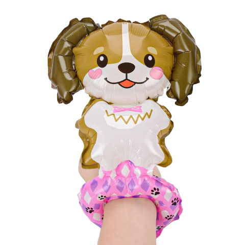 Baloane Tip Bratara - Balon din Folie Metalizata, Flippy, Figurine Animalute, Tip Bratara, Model Catel, 13 x 35 cm, Ambalaj Individual, Pai Inclus, Umflare cu Aer sau Heliu, Maro