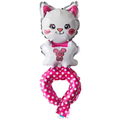 Baloane Tip Bratara - Balon din Folie Metalizata, Flippy, Figurine Animalute, Tip Bratara, Model Pisica, Ambalaj Individual, Pai Inclus, Umflare cu Aer sau Heliu, Alb