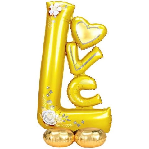 Seturi Baloane Folie - Balon din Folie Metalizata, Flippy, Figurine, Model LOVE, Tematica Iubire, 110x64 cm, Ambalaj Individual, Pai Inclus, Umflare cu Aer sau Heliu, Galben