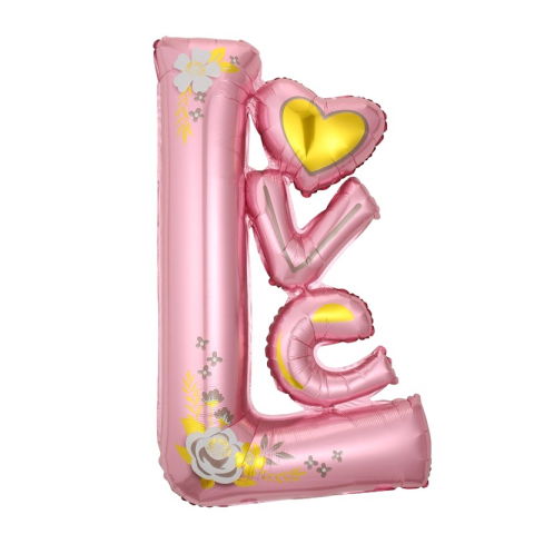 Seturi Baloane Folie - Balon din Folie Metalizata, Flippy, Figurine, Model LOVE, Tematica Iubire, 110x64 cm, Ambalaj Individual, Pai Inclus, Umflare cu Aer sau Heliu, Roz