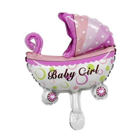 Tematica Fata/Baiat - Balon din Folie Metalizata, Flippy, Mini Figurina, Model Carucior Bebelus, Tematica Gender Reveal, 39x29 cm, Ambalaj Individual, Pai Inclus, Umflare cu Aer sau Heliu, Roz