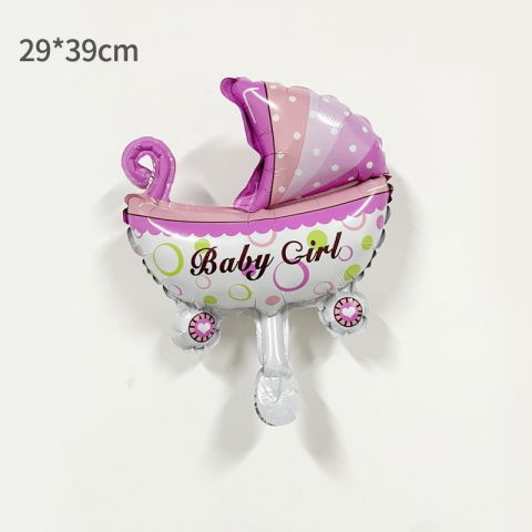 Tematica Fata/Baiat - Balon din Folie Metalizata, Flippy, Mini Figurina, Model Carucior Bebelus, Tematica Gender Reveal, 39x29 cm, Ambalaj Individual, Pai Inclus, Umflare cu Aer sau Heliu, Roz