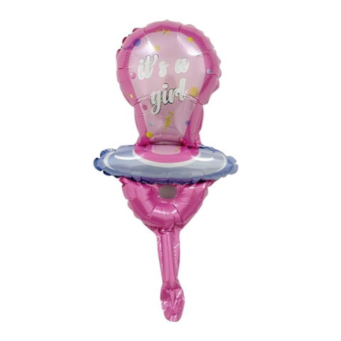 Tematica Fata/Baiat - Balon din Folie Metalizata, Flippy, Mini Figurina, Model Suzeta, Tematica Gender Reveal, 23x50 cm, Ambalaj Individual, Pai Inclus, Umflare cu Aer sau Heliu, Roz