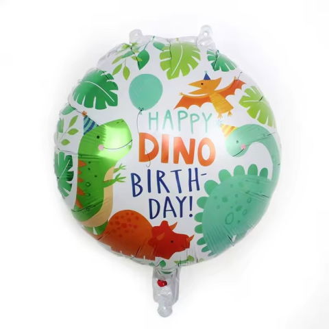 Figurine si Baloane 3D - Balon din Folie Metalizata, Flippy, Mini Figurina Rotunda, Model Happy Birthday cu Dinozauri, Tema Aniversare, 45 cm, Ambalaj Individual, Pai inclus, Umflare cu Aer sau Heliu, Multicolor