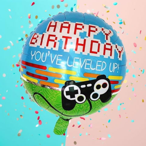 Figurine si Baloane 3D - Balon din Folie Metalizata, Flippy, Mini Figurina Rotunda, Model Happy Birthday Gamer, Tema Aniversare, 45 cm, Ambalaj Individual, Pai inclus, Umflare cu Aer sau Heliu, Albastru