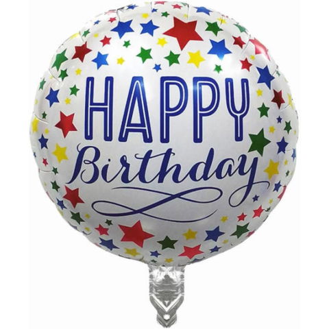 Figurine si Baloane 3D - Balon din Folie Metalizata, Flippy, Mini Figurina Rotunda, Model Happy Birthday, Tema Aniversare, 45 cm, Ambalaj Individual, Pai inclus, Umflare cu Aer sau Heliu, Multicolor