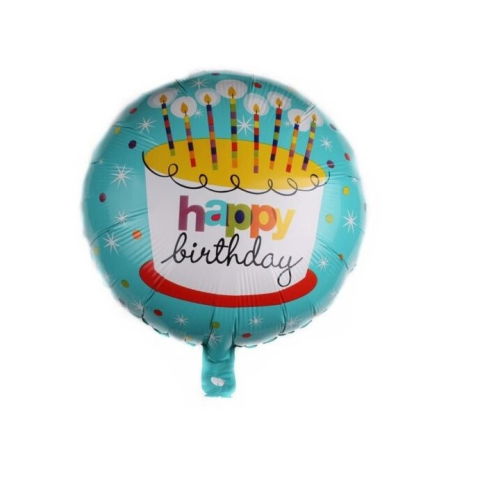 Figurine si Baloane 3D - Balon din Folie Metalizata, Flippy, Mini Figurina Rotunda, Model Happy Birthday Tort, Tema Aniversare, 45 cm, Ambalaj Individual, Pai inclus, Umflare cu Aer sau Heliu, Albastru