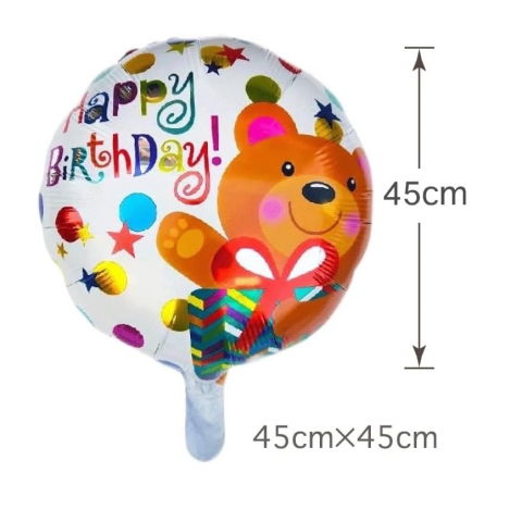 Figurine si Baloane 3D - Balon din Folie Metalizata, Flippy, Mini Figurina Rotunda, Model Happy Birthday Ursulet, Tema Aniversare, 45 cm, Ambalaj Individual, Pai inclus, Umflare cu Aer sau Heliu, Maro