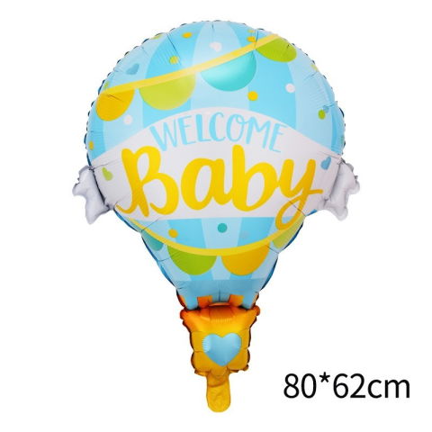Tematica Fata/Baiat - Balon din Folie Metalizata, Flippy, Mini Figurine, Model Balon cu Aer Cald Baietel, Tematica Welcome Baby, 80x62 cm, Ambalaj Individual, Pai Inclus, Umflare cu Aer sau Heliu, Albastru