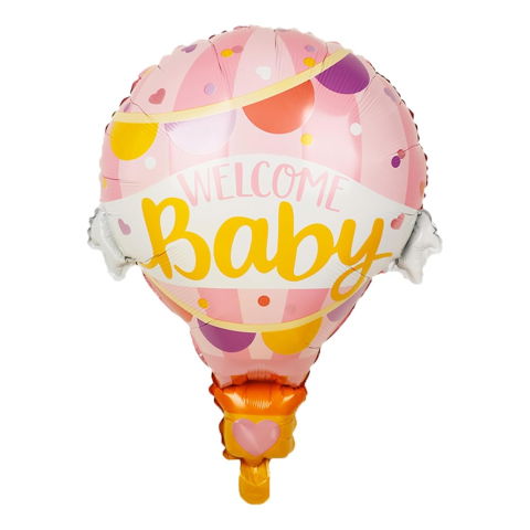 Tematica Fata/Baiat - Balon din Folie Metalizata, Flippy, Mini Figurine, Model Balon cu Aer Cald Fetita, Tematica Welcome Baby, 80x62 cm, Ambalaj Individual, Pai Inclus, Umflare cu Aer sau Heliu, Roz