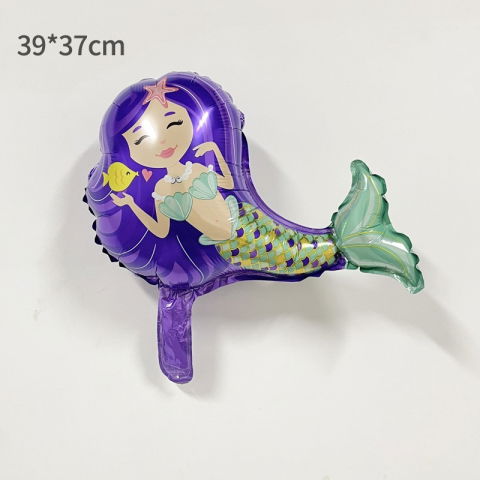 Figurine si Baloane 3D - Balon din Folie Metalizata, Flippy, Mini Figurine, Model Sirena cu Par Mov, Tematica Aniversare, 39x37 cm, Ambalaj Individual, Pai Inclus, Umflare cu Aer sau Heliu, Multicolor