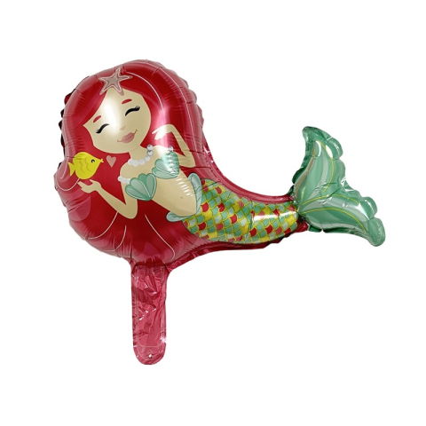 Figurine si Baloane 3D - Balon din Folie Metalizata, Flippy, Mini Figurine, Model Sirena cu Par Rosu, Tematica Aniversare, 39x37 cm, Ambalaj Individual, Pai Inclus, Umflare cu Aer sau Heliu, Multicolor