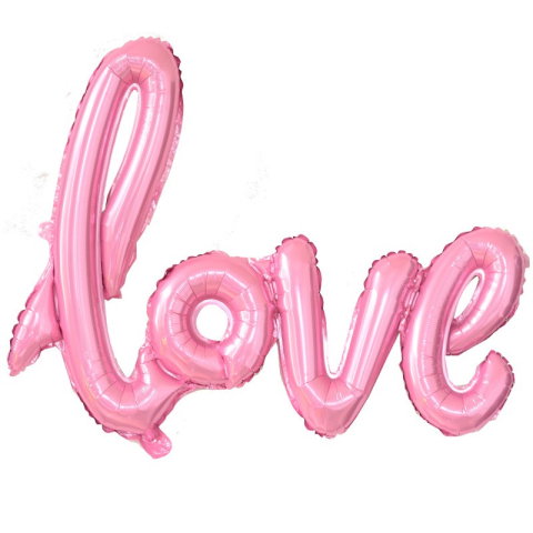 Import - Balon din Folie Metalizata, Flippy, Model Love scris de mana, 102x65 cm, Tematica Ziua Îndrăgostiților, Ambalaj Individual, Pai Inclus, Umflare cu Aer sau Heliu, Roz