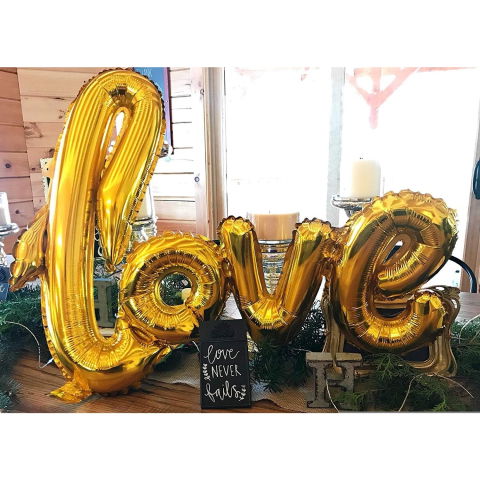 Seturi Baloane Folie - Balon din Folie Metalizata, Flippy, Model Love scris de mana, 102x65 cm, Tematica Ziua Îndrăgostiților, Ambalaj Individual, Pai Inclus, Umflare cu Aer sau Heliu, Auriu