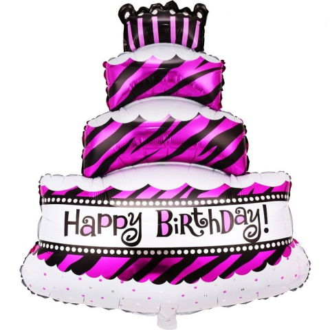 Figurine si Baloane 3D - Balon din Folie Metalizata, Flippy, Model Tort cu 4 Straturi, Balon Aniversar, Model Happy Birthday, 62x43 cm, Ambalaj Individual, Pai inclus, Umflare cu Aer sau Heliu, Mov