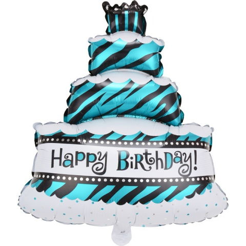 Figurine si Baloane 3D - Balon din Folie Metalizata, Flippy, Model Tort cu 4 Straturi, Balon Aniversar, Model Happy Birthday, 62x43 cm, Ambalaj Individual, Pai inclus, Umflare cu Aer sau Heliu, Albastru