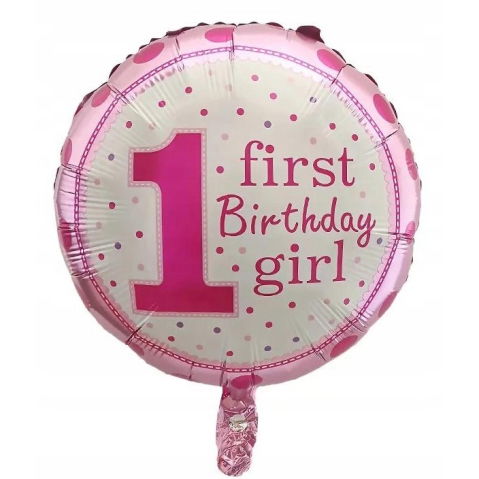 Tematica Fata/Baiat - Balon din Folie Metalizata, Flippy, Prima Aniversare, Model First Birthday Girl, 45 cm, Ambalaj Individual, Pai Inclus, Umflare cu Aer sau Heliu, Roz