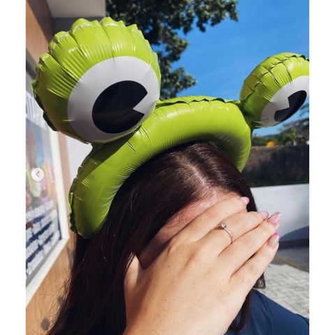 Baloane Coronita - Balon din Folie Metalizata, Flippy, Tip Coronita cu Urechi, Model Broasca, Ambalaj Individual, Pai Inclus, Umflare cu Aer sau Heliu, 28 x 31 cm, Verde