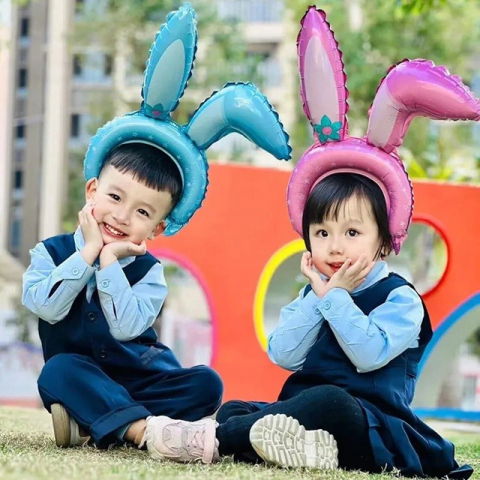 Baloane Coronita - Balon din Folie Metalizata, Flippy, Tip Coronita cu Urechi, Model Iepure, Ambalaj Individual, Pai Inclus, Umflare cu Aer sau Heliu, 38 x 45 cm, Albastru