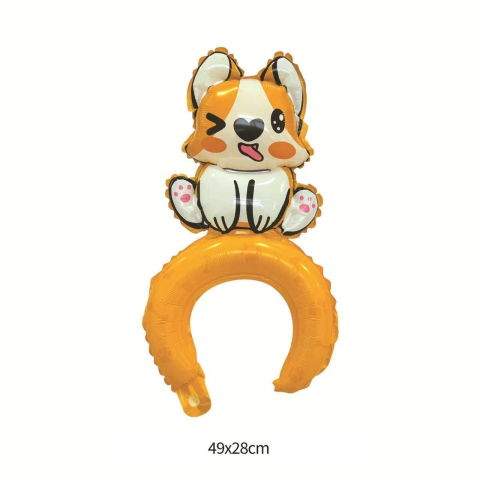 Baloane Coronita - Balon din Folie Metalizata, Flippy, Tip Coronita, Model Catelus, Ambalaj Individual, Pai Inclus, Umflare cu Aer sau Heliu, 49 x 28 cm, Multicolor