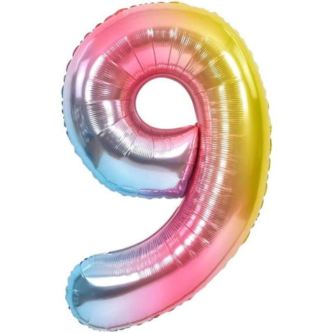 Cifre - Balon din Folie Metalizata Gradient Flippy, Figurina Cifra, Tema Aniversare 100 cm, Ambalaj Individual, Pai inclus, Umflare cu Aer sau Heliu, Multicolor, Cifra 9