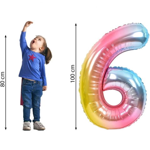 Cifre - Balon din Folie Metalizata Gradient Flippy, Figurina Cifra, Tema Aniversare 100 cm, Ambalaj Individual, Pai inclus, Umflare cu Aer sau Heliu, Multicolor, Cifra 6