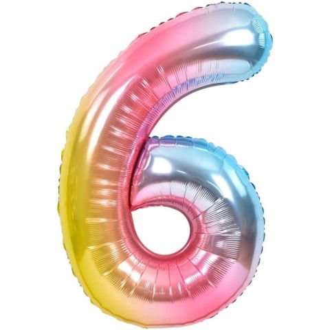 Cifre - Balon din Folie Metalizata Gradient Flippy, Figurina Cifra, Tema Aniversare 100 cm, Ambalaj Individual, Pai inclus, Umflare cu Aer sau Heliu, Multicolor, Cifra 6