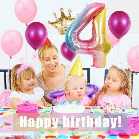 Cifre - Balon din Folie Metalizata Gradient Flippy, Figurina Cifra, Tema Aniversare 100 cm, Ambalaj Individual, Pai inclus, Umflare cu Aer sau Heliu, Multicolor, Cifra 4