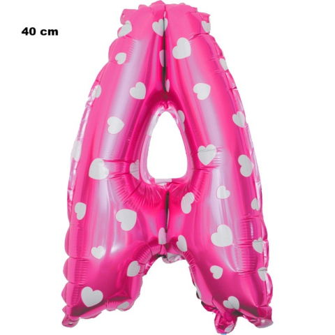 Litere - Balon Folie Metalizata Litera A, Flippy, 40 cm, Cu Imprimeu Inimioare, Umflati cu Heliu sau Aer, Ambalaj Individual, Pai inclus, Roz