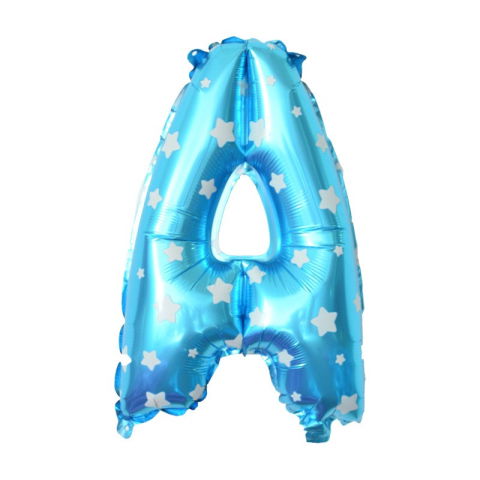 Litere - Balon Folie Metalizata Litera A, Flippy, 40 cm, Cu Imprimeu Stelute, Umflati cu Heliu sau Aer, Ambalaj Individual, Pai inclus, Albastru