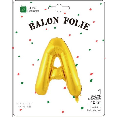 Litere - Balon Folie Metalizata Litera A, Flippy, 40 cm, Umflati cu Heliu sau Aer, Ambalaj Individual, Pai inclus, Auriu
