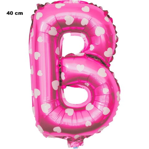 Litere - Balon Folie Metalizata Litera B, Flippy, 40 cm, Cu Imprimeu Inimioare, Umflati cu Heliu sau Aer, Ambalaj Individual, Pai inclus, Roz