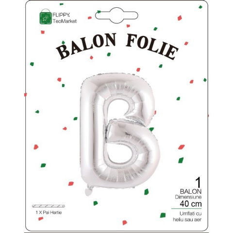 Litere - Balon Folie Metalizata Litera B, Flippy, 40 cm, Umflati cu Heliu sau Aer, Ambalaj Individual, Pai inclus, Argintiu