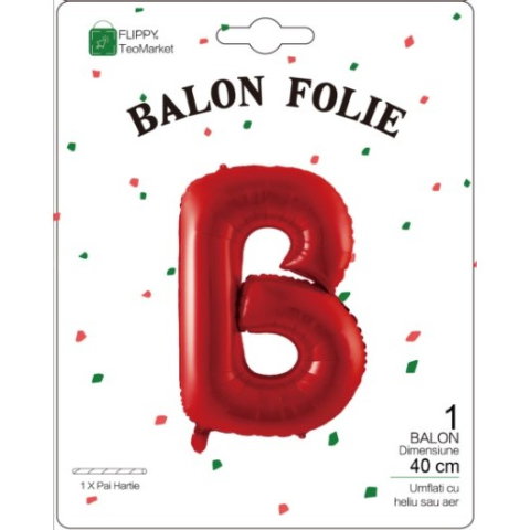 Litere - Balon Folie Metalizata Litera B, Flippy, 40 cm, Umflati cu Heliu sau Aer, Ambalaj Individual, Pai inclus, Rosu