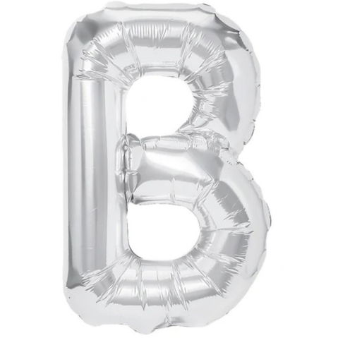 Litere - Balon Folie Metalizata Litera B, Flippy, 80 cm, Umflati cu Heliu sau Aer, Ambalaj Individual, Pai inclus, Argintiu