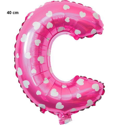 Litere - Balon Folie Metalizata Litera C, Flippy, 40 cm, Cu Imprimeu Inimioare, Umflati cu Heliu sau Aer, Ambalaj Individual, Pai inclus, Roz