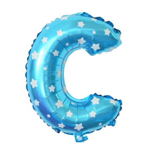 Litere - Balon Folie Metalizata Litera C, Flippy, 40 cm, Cu Imprimeu Stelute, Umflati cu Heliu sau Aer, Ambalaj Individual, Pai inclus, Albastru