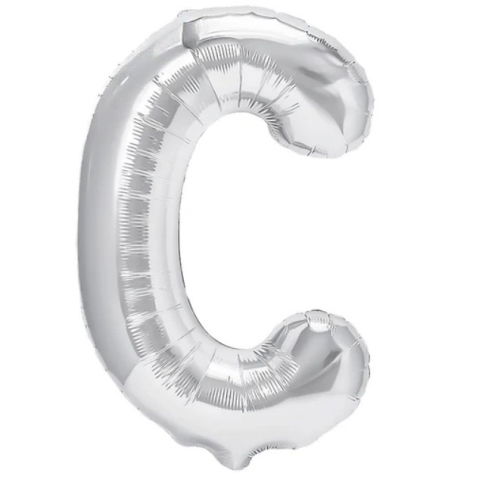 Litere - Balon Folie Metalizata Litera C, Flippy, 40 cm, Umflati cu Heliu sau Aer, Ambalaj Individual, Pai inclus, Argintiu