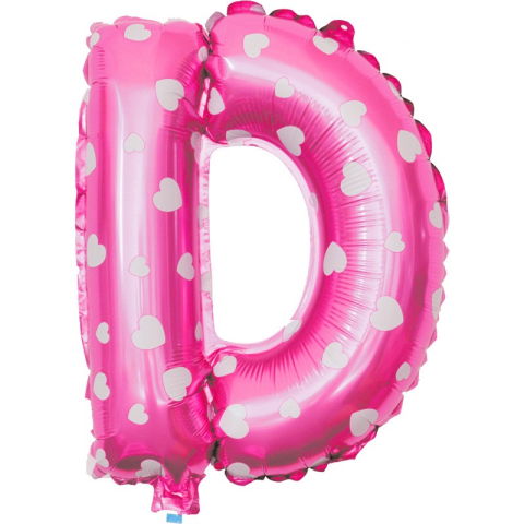 Litere - Balon Folie Metalizata Litera D, Flippy, 40 cm, Cu Imprimeu Inimioare, Umflati cu Heliu sau Aer, Ambalaj Individual, Pai inclus, Roz
