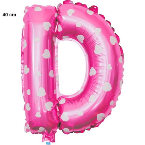 Litere - Balon Folie Metalizata Litera D, Flippy, 40 cm, Cu Imprimeu Inimioare, Umflati cu Heliu sau Aer, Ambalaj Individual, Pai inclus, Roz