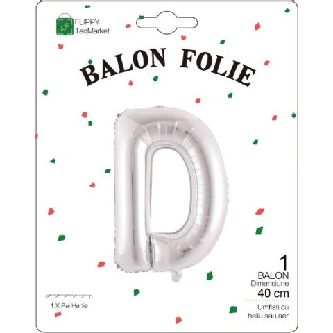 Litere - Balon Folie Metalizata Litera D, Flippy, 40 cm, Umflati cu Heliu sau Aer, Ambalaj Individual, Pai inclus, Argintiu
