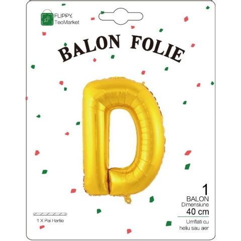 Litere - Balon Folie Metalizata Litera D, Flippy, 40 cm, Umflati cu Heliu sau Aer, Ambalaj Individual, Pai inclus, Auriu