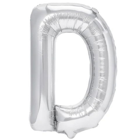 Litere - Balon Folie Metalizata Litera D, Flippy, 80 cm, Umflati cu Heliu sau Aer, Ambalaj Individual, Pai inclus, Argintiu